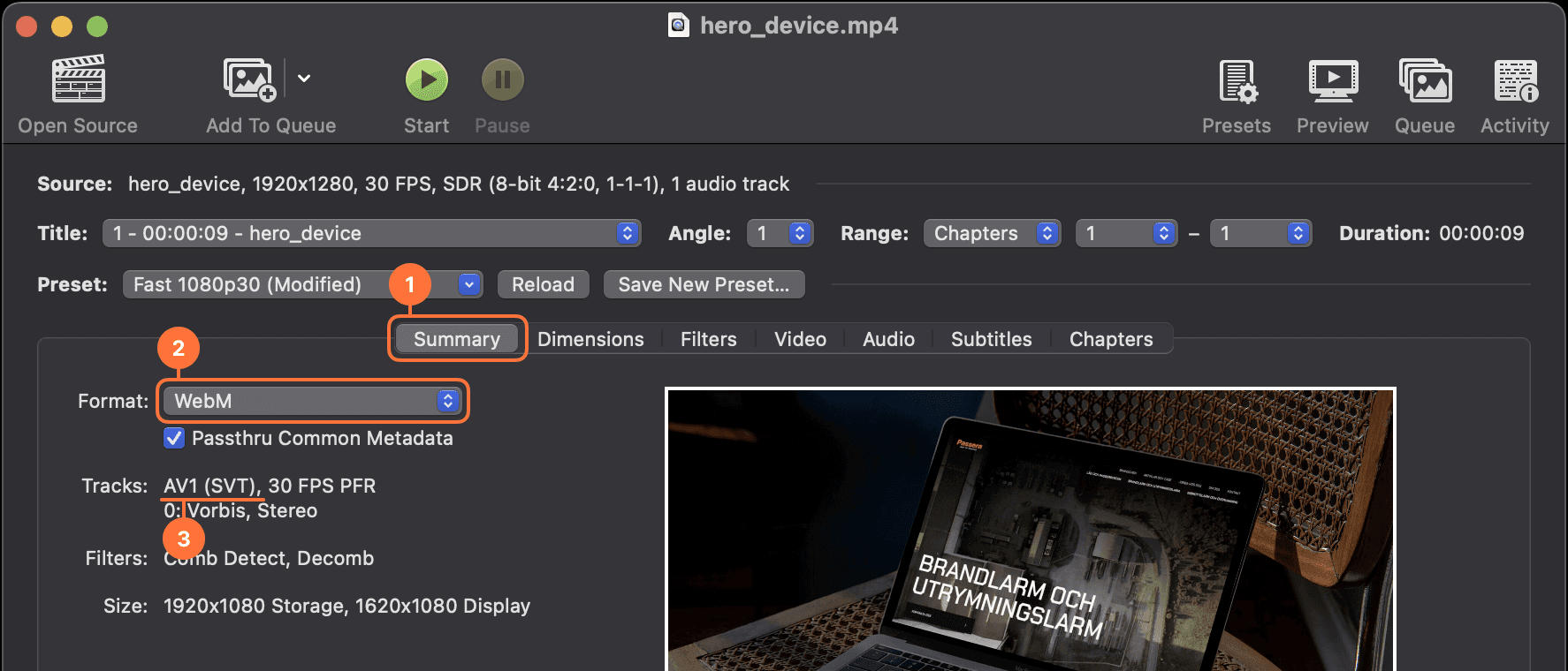 Välj fil i Handbrake