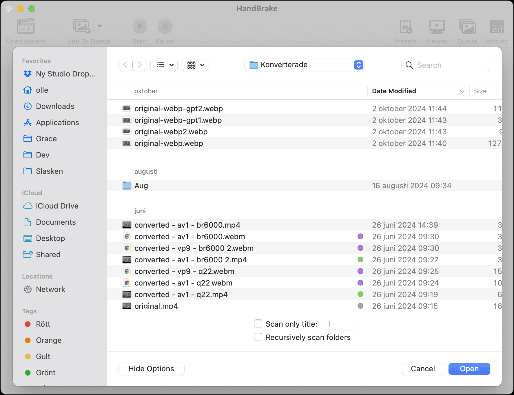 Välj fil i Handbrake