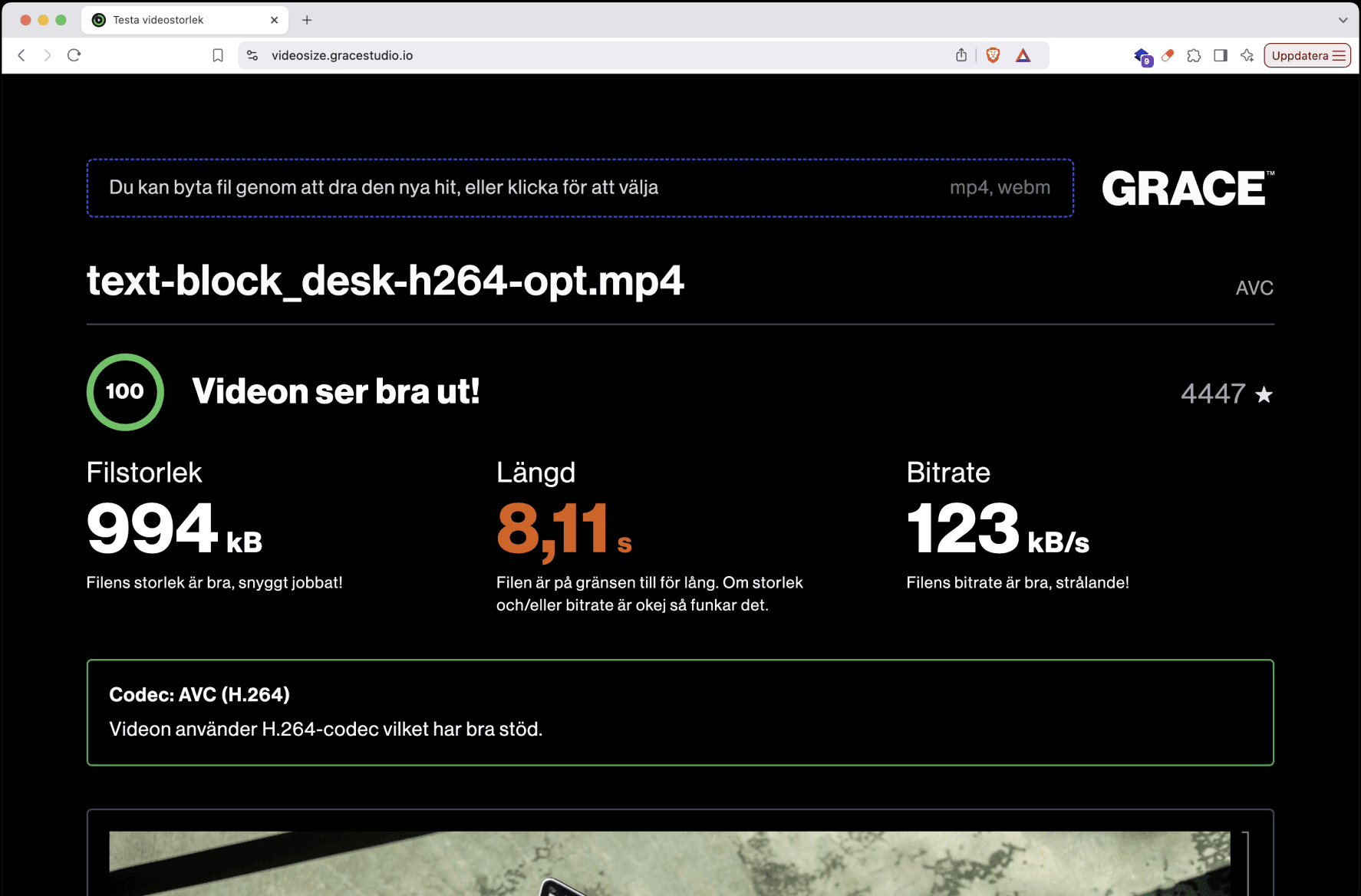 Testa videostorleken